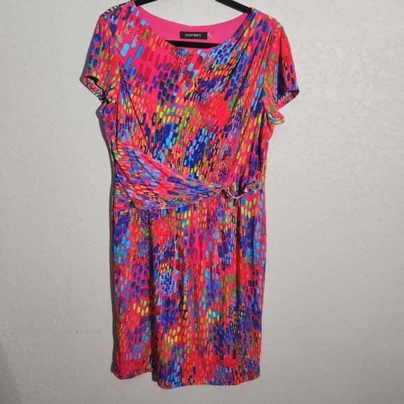 Ellen Tracy Dress Womens 14 Pink Multicolor Ruched Faux Wrap Short Sleeve Lined - Picture 1 of 14